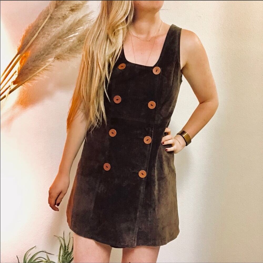 VINTAGE Compero Brown Suede Leather Button Front Sleeveless Tank Jumper Dress 42